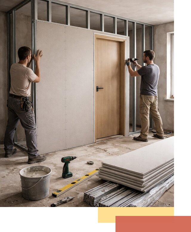 Перегородка из гипсокартона с дверью под ключ в Балашове