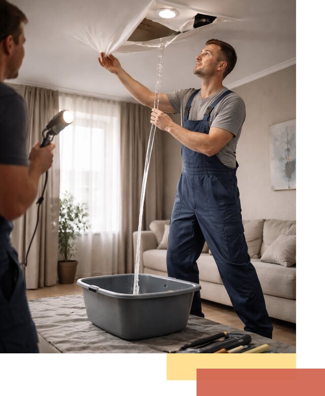 Слив воды с натяжного потолка в Балашове быстро и аккуратно